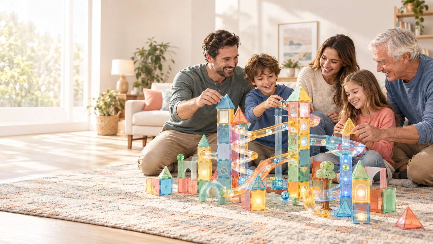 A multigenerational family building a colorful toy together
